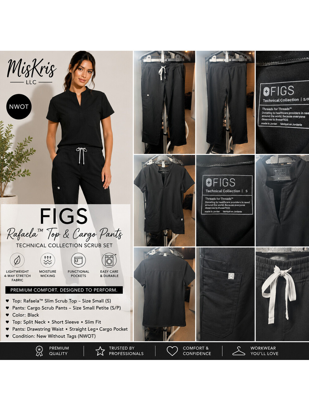 FIGS Rafaela Black Scrub Set Top S Pants S/P Small Petite Straight Leg NWOT